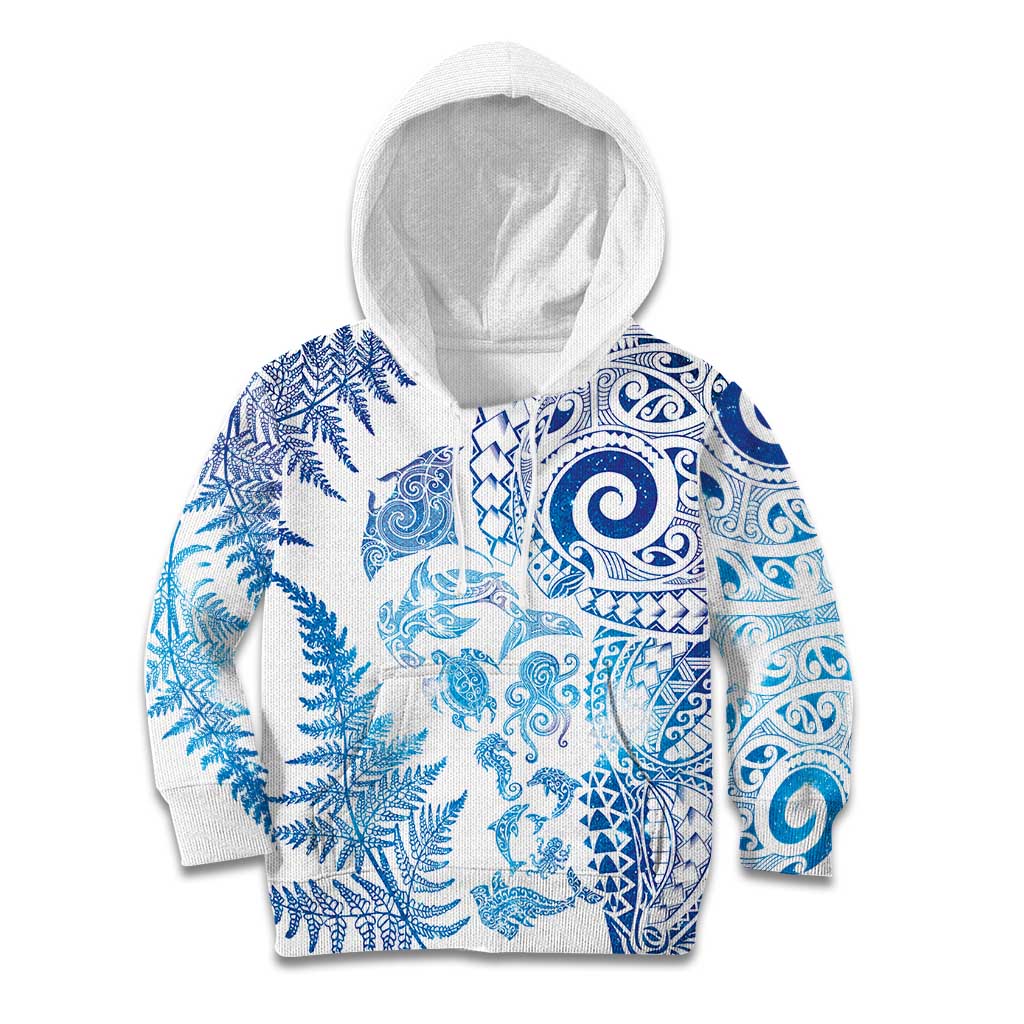 New Zealand Sea Animals Kid Hoodie with Maori Koru Tribal Tattoo and Silver Ferns Galaxy Style LT03 Hoodie Multicolor - Polynesian Pride