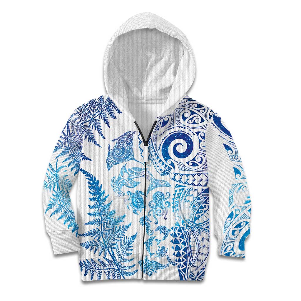 New Zealand Sea Animals Kid Hoodie with Maori Koru Tribal Tattoo and Silver Ferns Galaxy Style LT03 Zip Hoodie Multicolor - Polynesian Pride