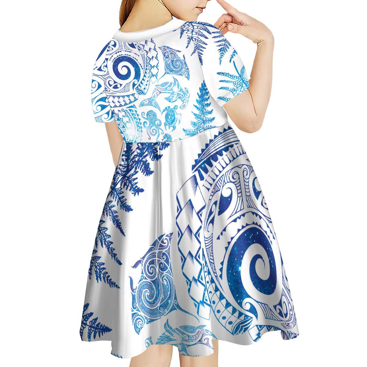 New Zealand Sea Animals Kid Short Sleeve Dress with Maori Koru Tribal Tattoo and Silver Ferns Galaxy Style LT03 - Polynesian Pride