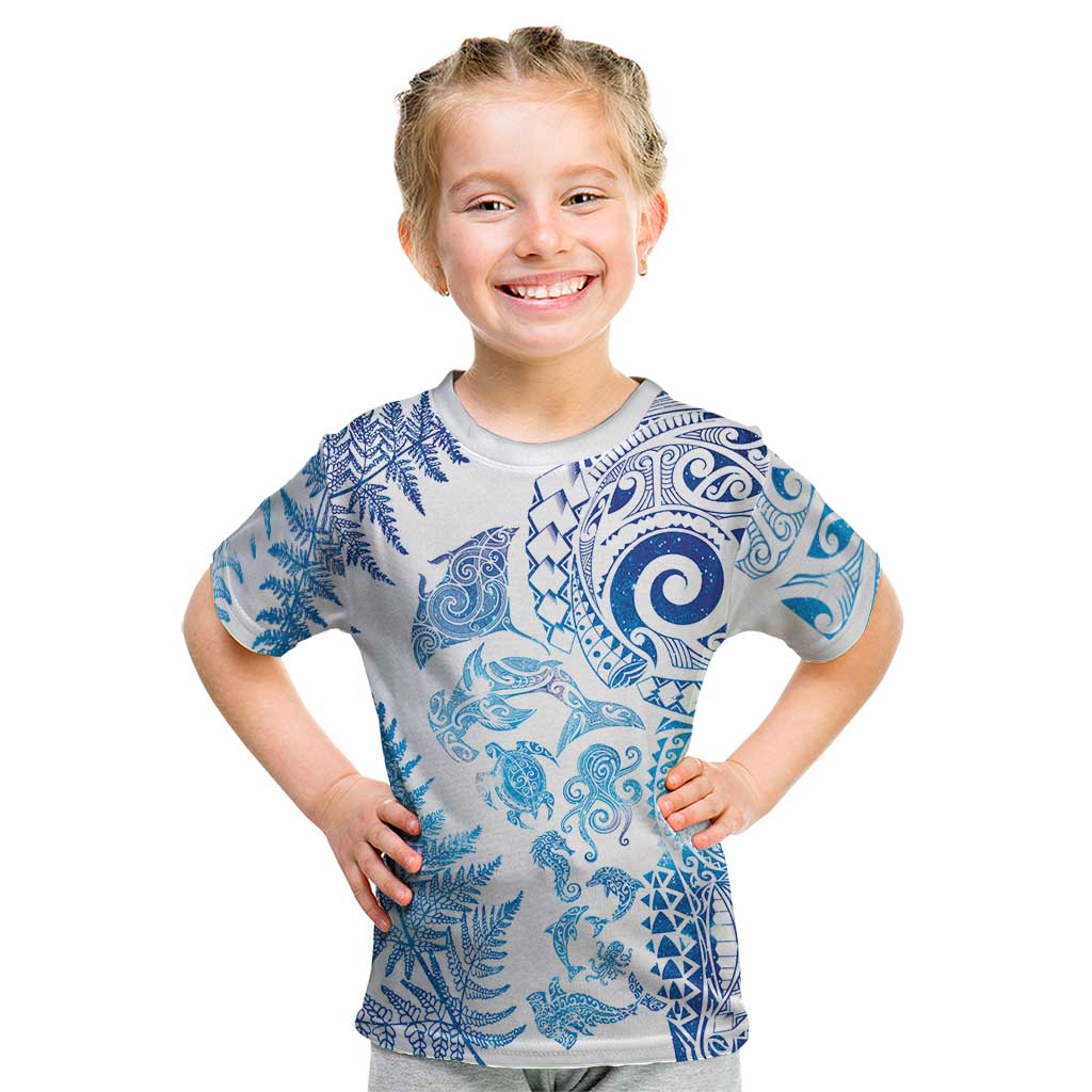 New Zealand Sea Animals Kid T Shirt with Maori Koru Tribal Tattoo and Silver Ferns Galaxy Style LT03 Multicolor - Polynesian Pride