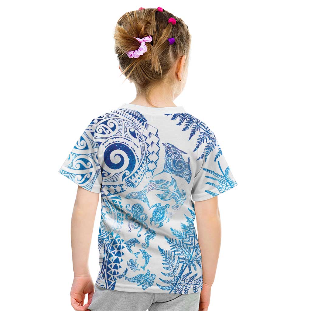 New Zealand Sea Animals Kid T Shirt with Maori Koru Tribal Tattoo and Silver Ferns Galaxy Style LT03 - Polynesian Pride