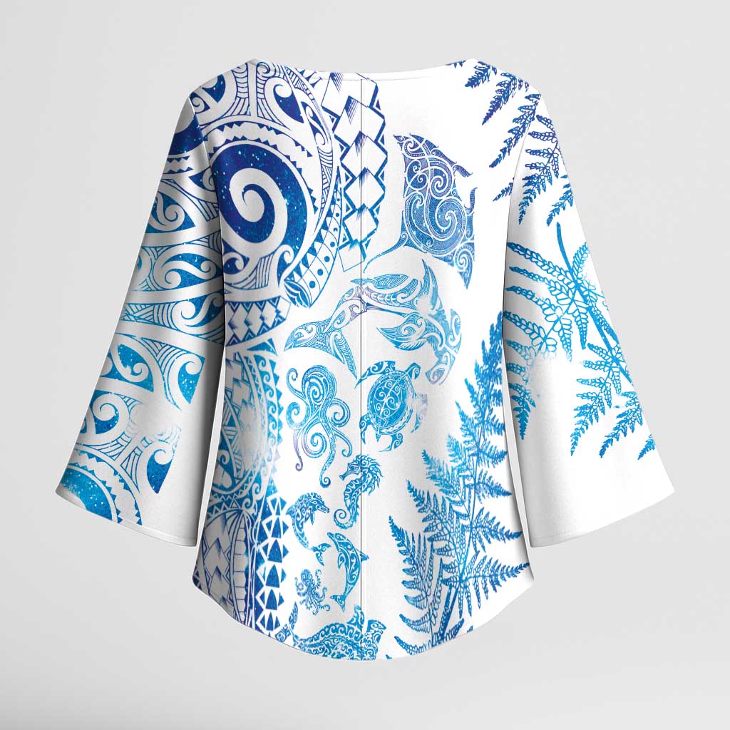 New Zealand Sea Animals Kimono Sleeve Blouse with Maori Koru Tribal Tattoo and Silver Ferns Galaxy Style LT03 - Polynesian Pride