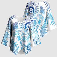 New Zealand Sea Animals Kimono Sleeve Blouse with Maori Koru Tribal Tattoo and Silver Ferns Galaxy Style LT03 - Polynesian Pride
