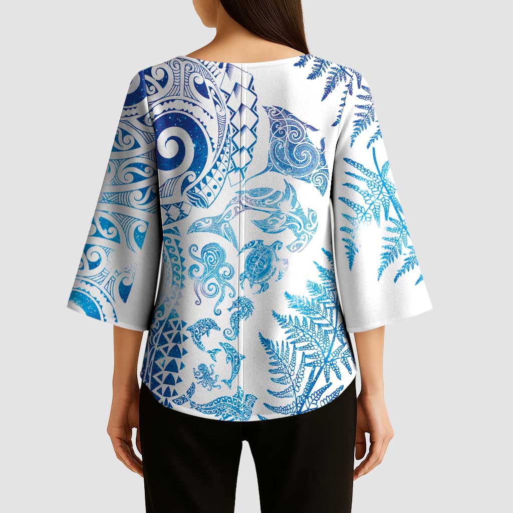 New Zealand Sea Animals Kimono Sleeve Blouse with Maori Koru Tribal Tattoo and Silver Ferns Galaxy Style LT03 - Polynesian Pride