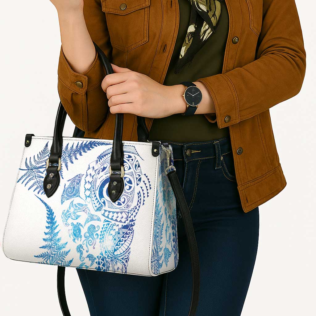 New Zealand Sea Animals Leather Bag with Maori Koru Tribal Tattoo and Silver Ferns Galaxy Style LT03 - Polynesian Pride