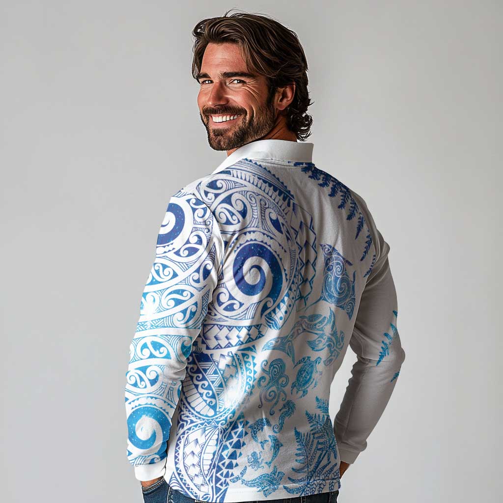 New Zealand Sea Animals Long Sleeve Polo Shirt with Maori Koru Tribal Tattoo and Silver Ferns Galaxy Style LT03 - Polynesian Pride