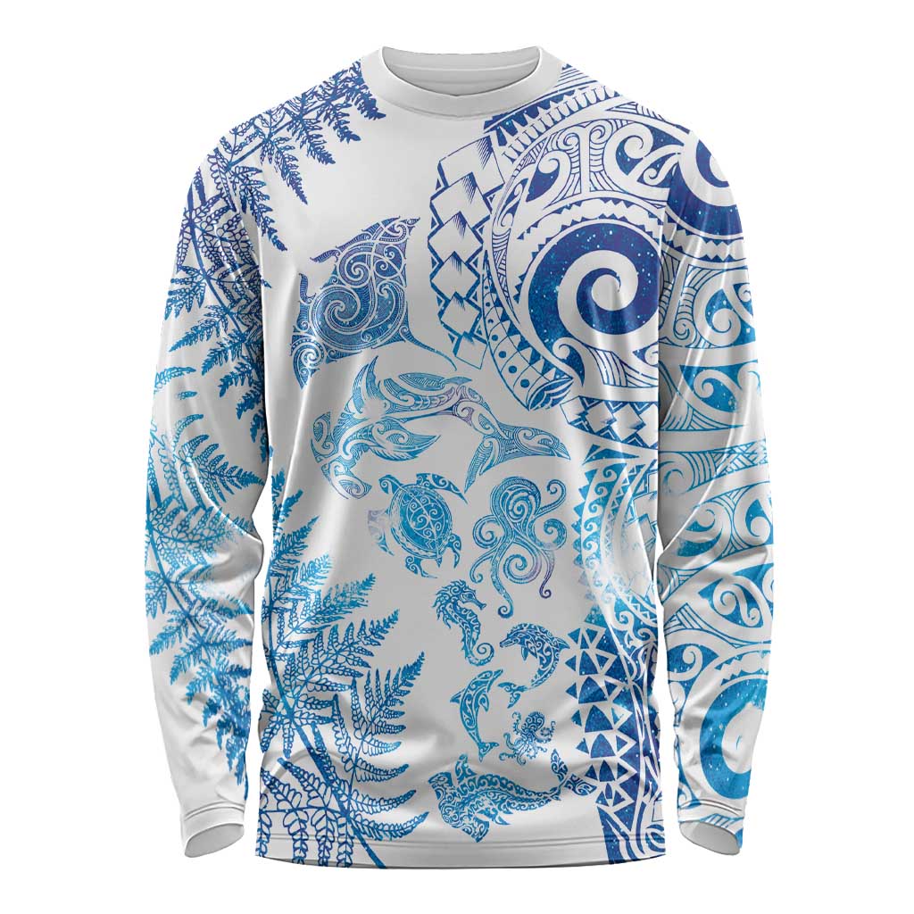 New Zealand Sea Animals Long Sleeve Shirt with Maori Koru Tribal Tattoo and Silver Ferns Galaxy Style LT03 Unisex Multicolor - Polynesian Pride