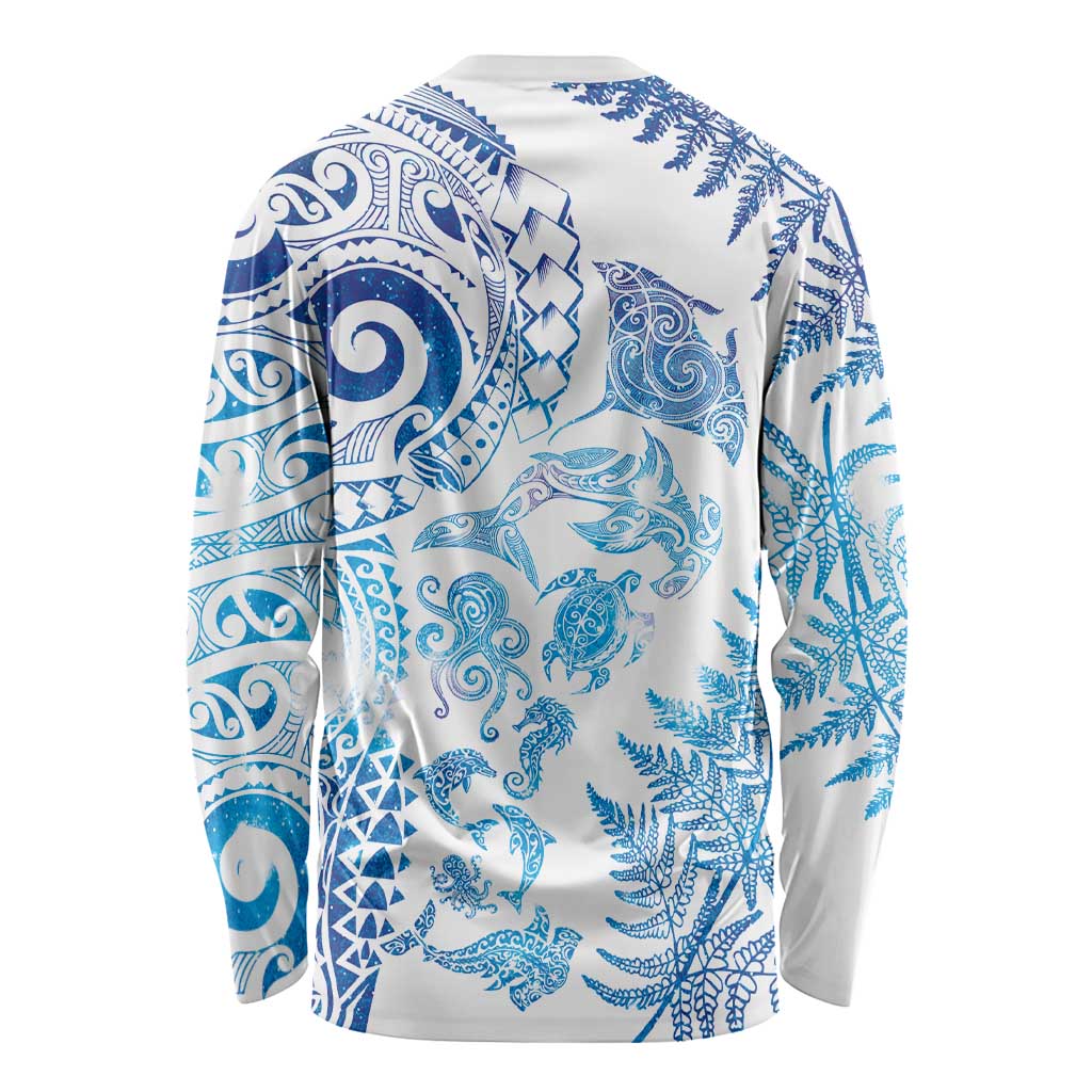 New Zealand Sea Animals Long Sleeve Shirt with Maori Koru Tribal Tattoo and Silver Ferns Galaxy Style LT03 - Polynesian Pride