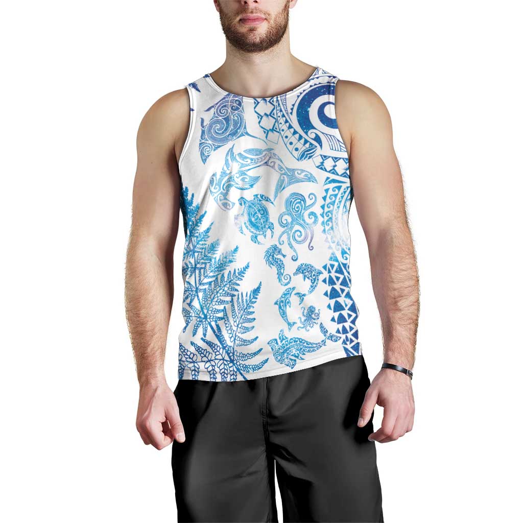 New Zealand Sea Animals Men Tank Top with Maori Koru Tribal Tattoo and Silver Ferns Galaxy Style LT03 - Polynesian Pride