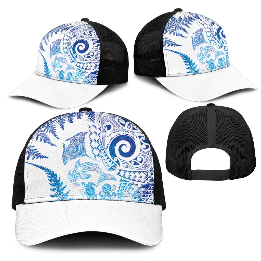 New Zealand Sea Animals Mesh Trucker Cap with Maori Koru Tribal Tattoo and Silver Ferns Galaxy Style