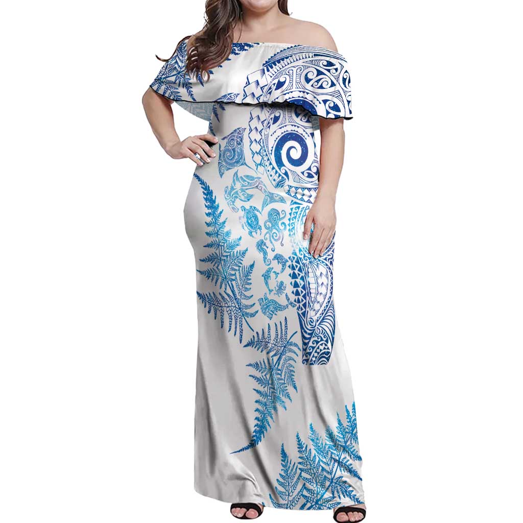 New Zealand Sea Animals Off Shoulder Maxi Dress with Maori Koru Tribal Tattoo and Silver Ferns Galaxy Style