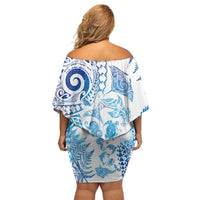 New Zealand Sea Animals Off Shoulder Short Dress with Maori Koru Tribal Tattoo and Silver Ferns Galaxy Style LT03 - Polynesian Pride