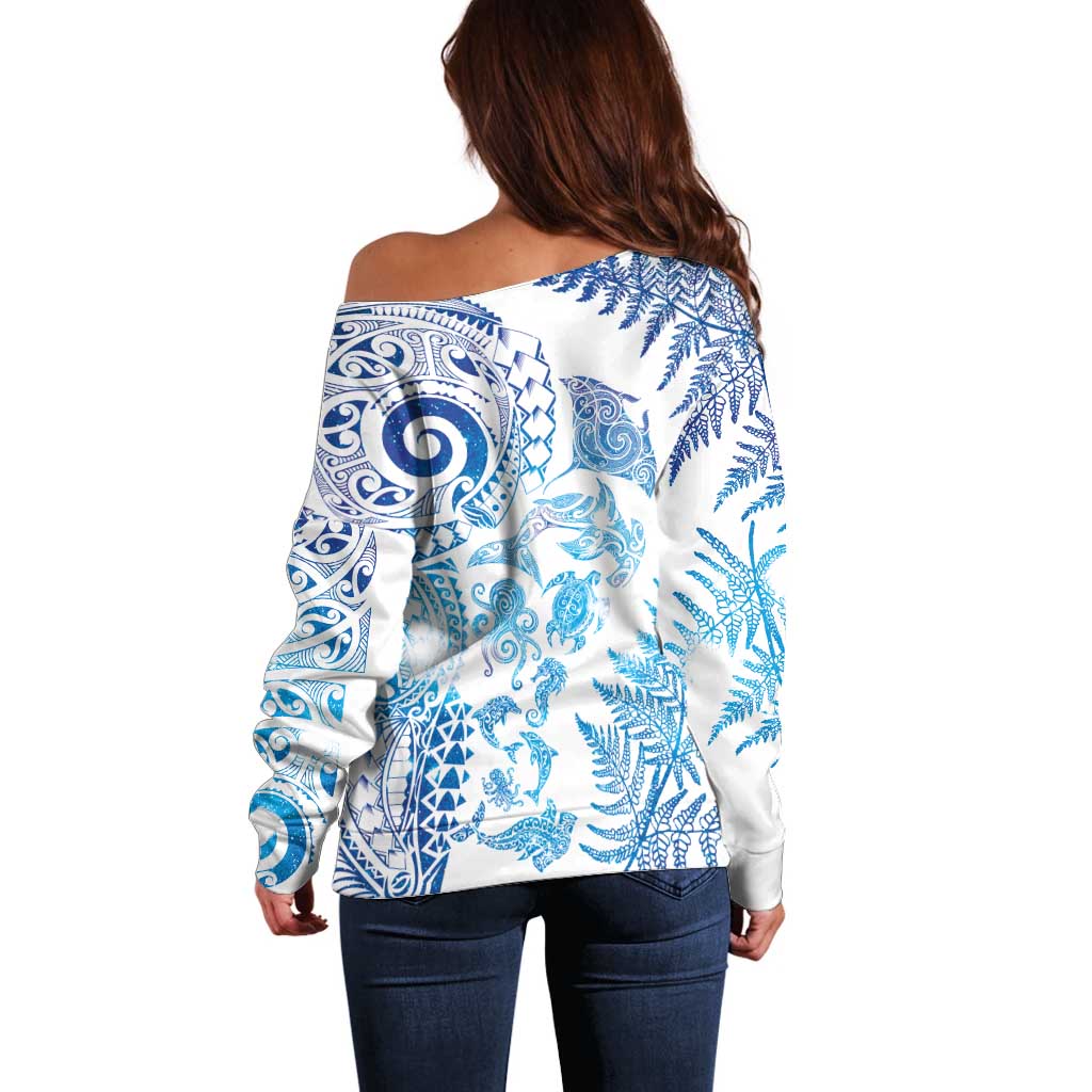 New Zealand Sea Animals Off Shoulder Sweater with Maori Koru Tribal Tattoo and Silver Ferns Galaxy Style LT03 - Polynesian Pride