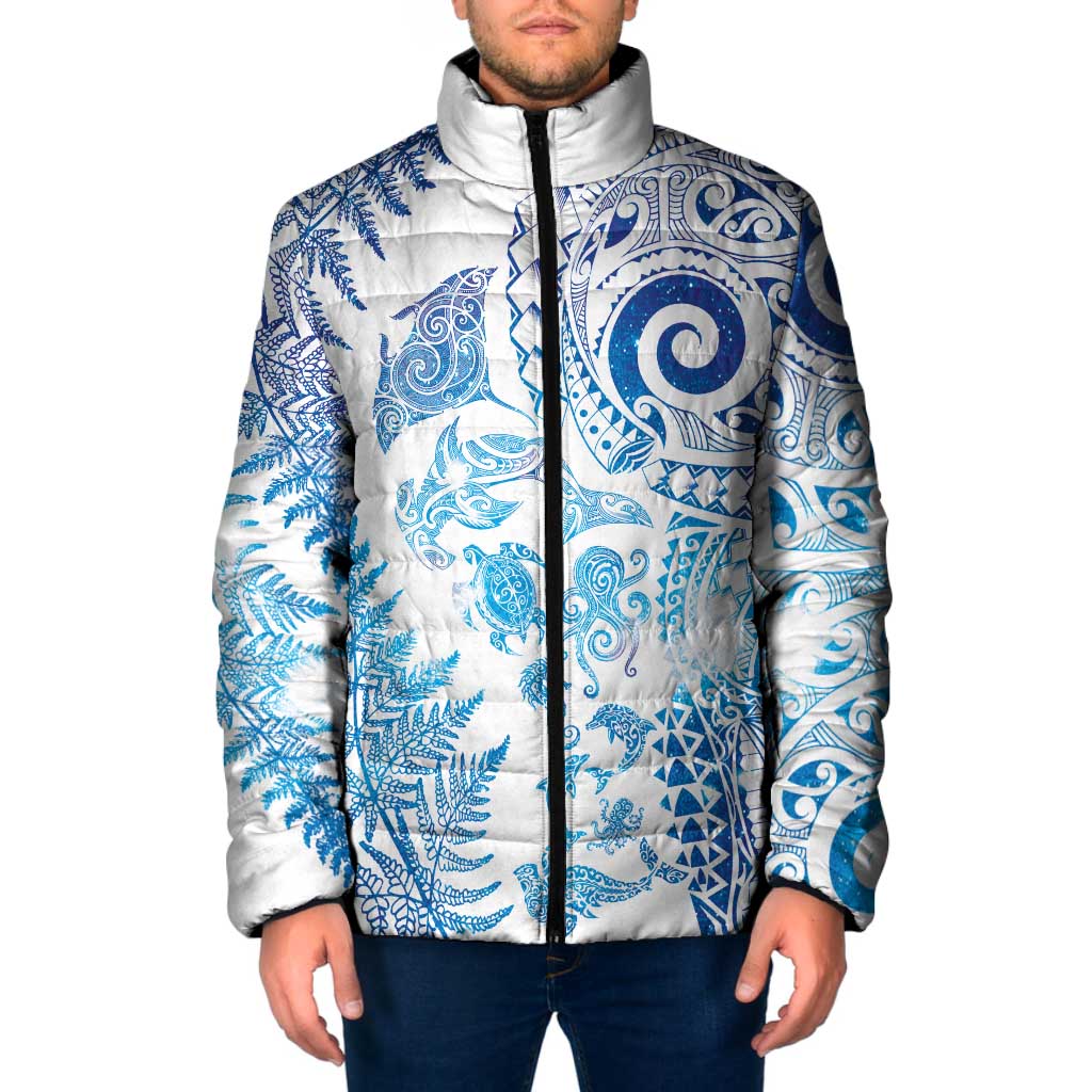 New Zealand Sea Animals Padded Jacket with Maori Koru Tribal Tattoo and Silver Ferns Galaxy Style