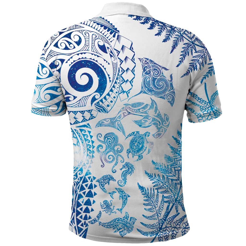 New Zealand Sea Animals Polo Shirt with Maori Koru Tribal Tattoo and Silver Ferns Galaxy Style LT03 - Polynesian Pride