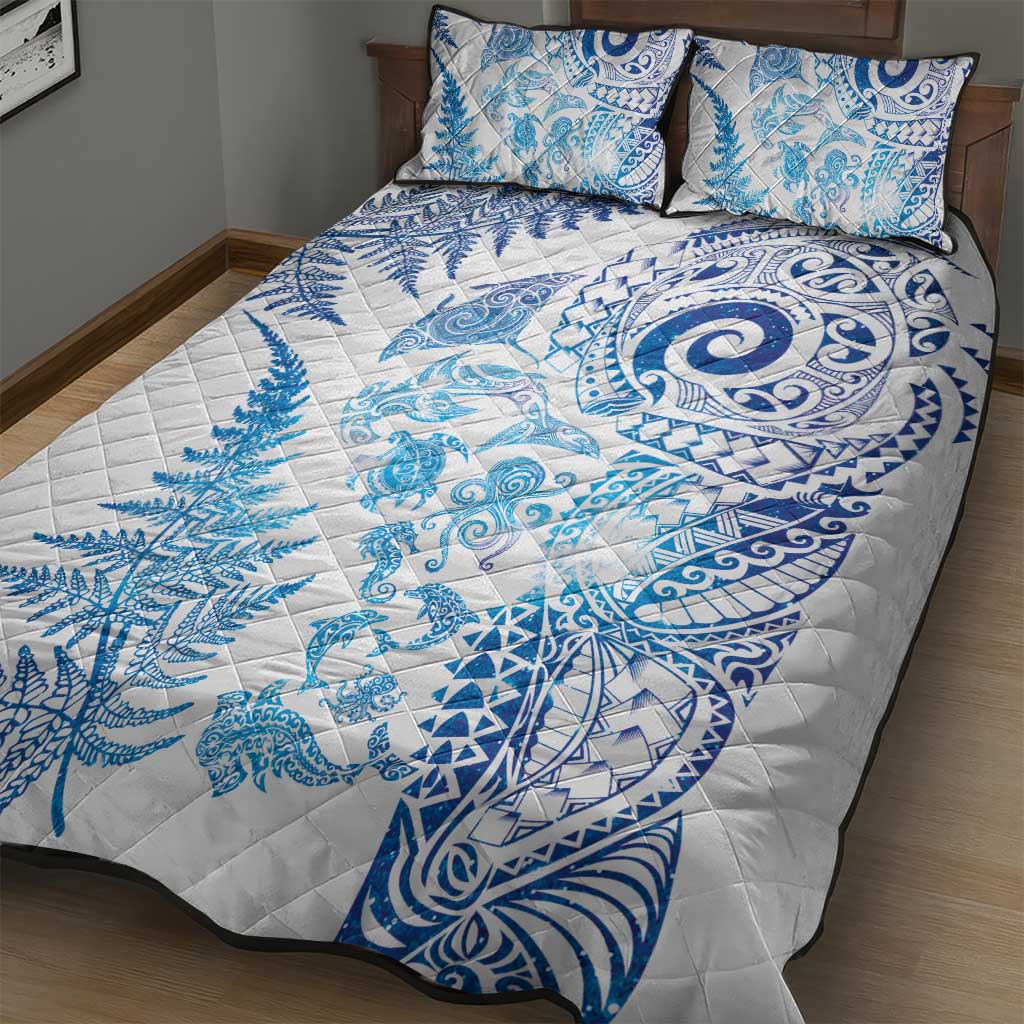 New Zealand Sea Animals Quilt Bed Set with Maori Koru Tribal Tattoo and Silver Ferns Galaxy Style LT03 - Polynesian Pride