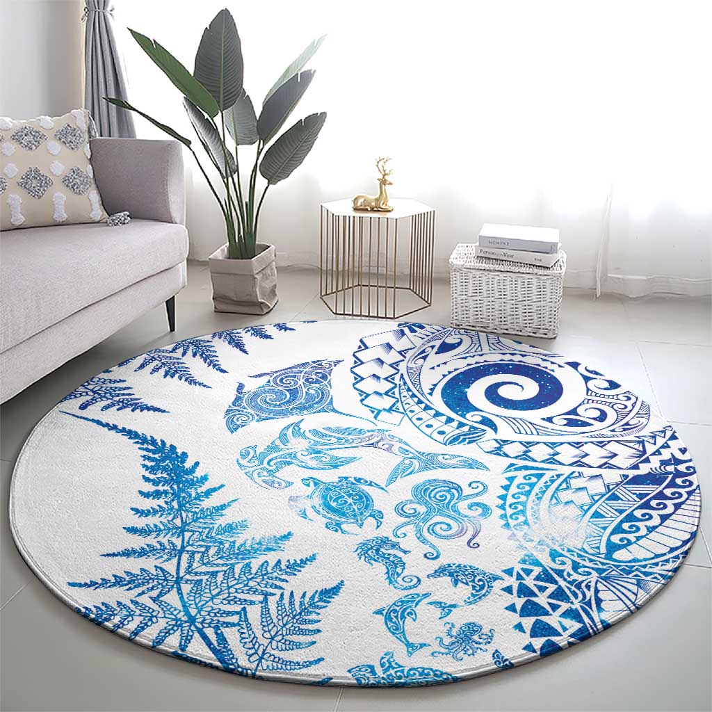 New Zealand Sea Animals Round Carpet with Maori Koru Tribal Tattoo and Silver Ferns Galaxy Style LT03 - Polynesian Pride