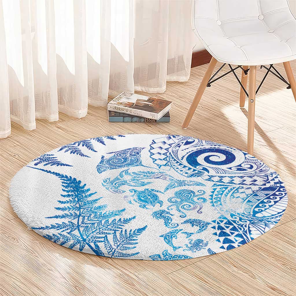New Zealand Sea Animals Round Carpet with Maori Koru Tribal Tattoo and Silver Ferns Galaxy Style LT03 - Polynesian Pride
