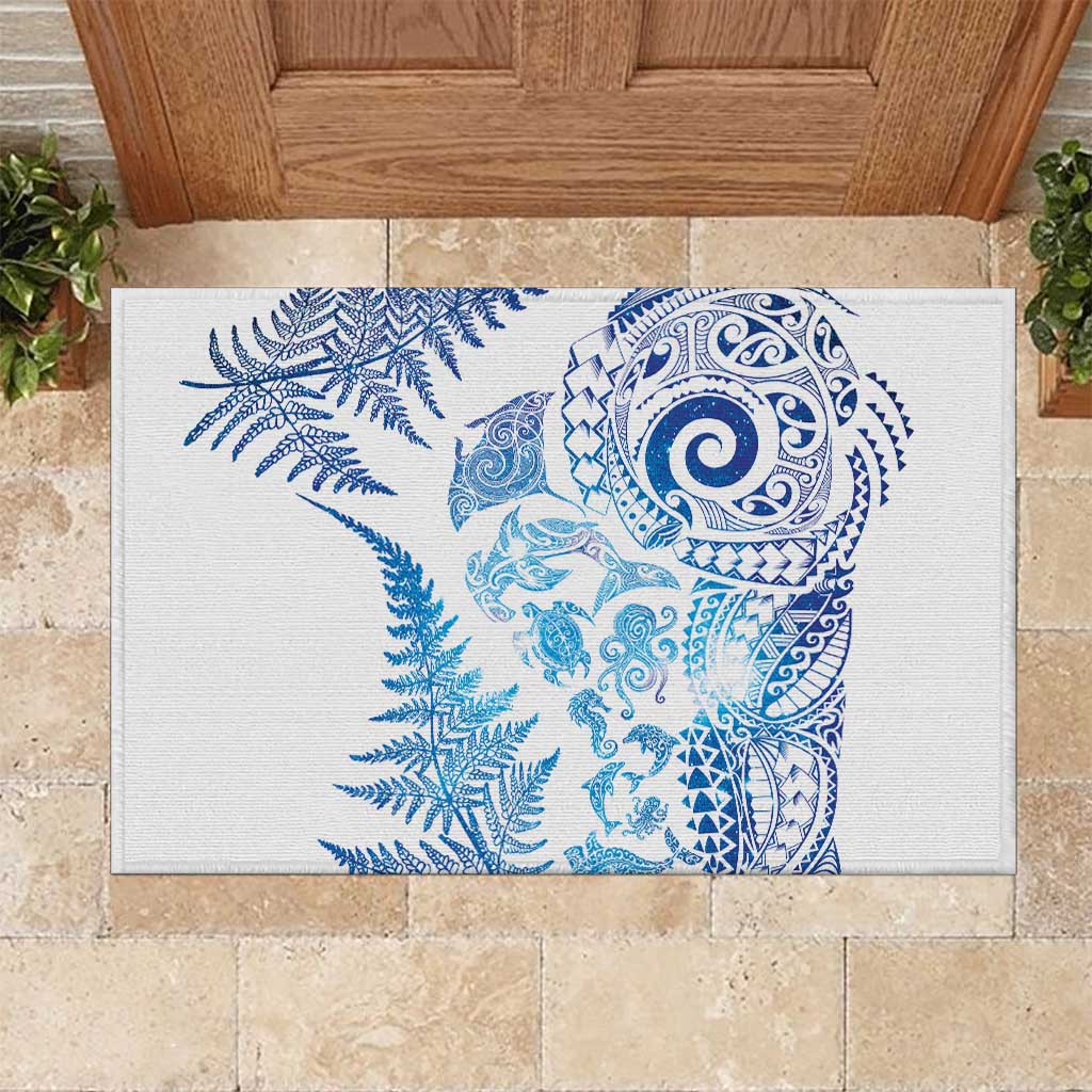 New Zealand Sea Animals Rubber Doormat with Maori Koru Tribal Tattoo and Silver Ferns Galaxy Style