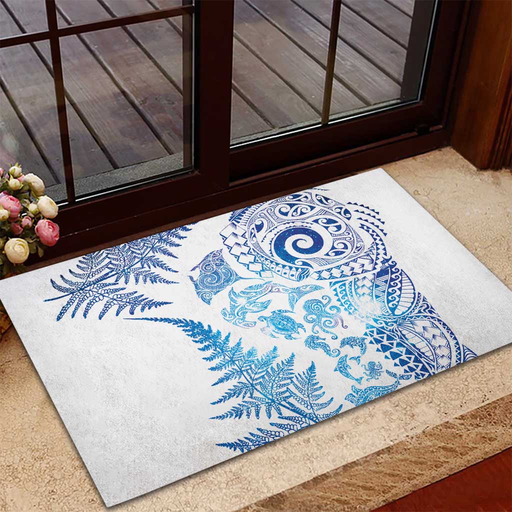 New Zealand Sea Animals Rubber Doormat with Maori Koru Tribal Tattoo and Silver Ferns Galaxy Style LT03 - Polynesian Pride