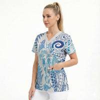 New Zealand Sea Animals Scrub Top with Maori Koru Tribal Tattoo and Silver Ferns Galaxy Style