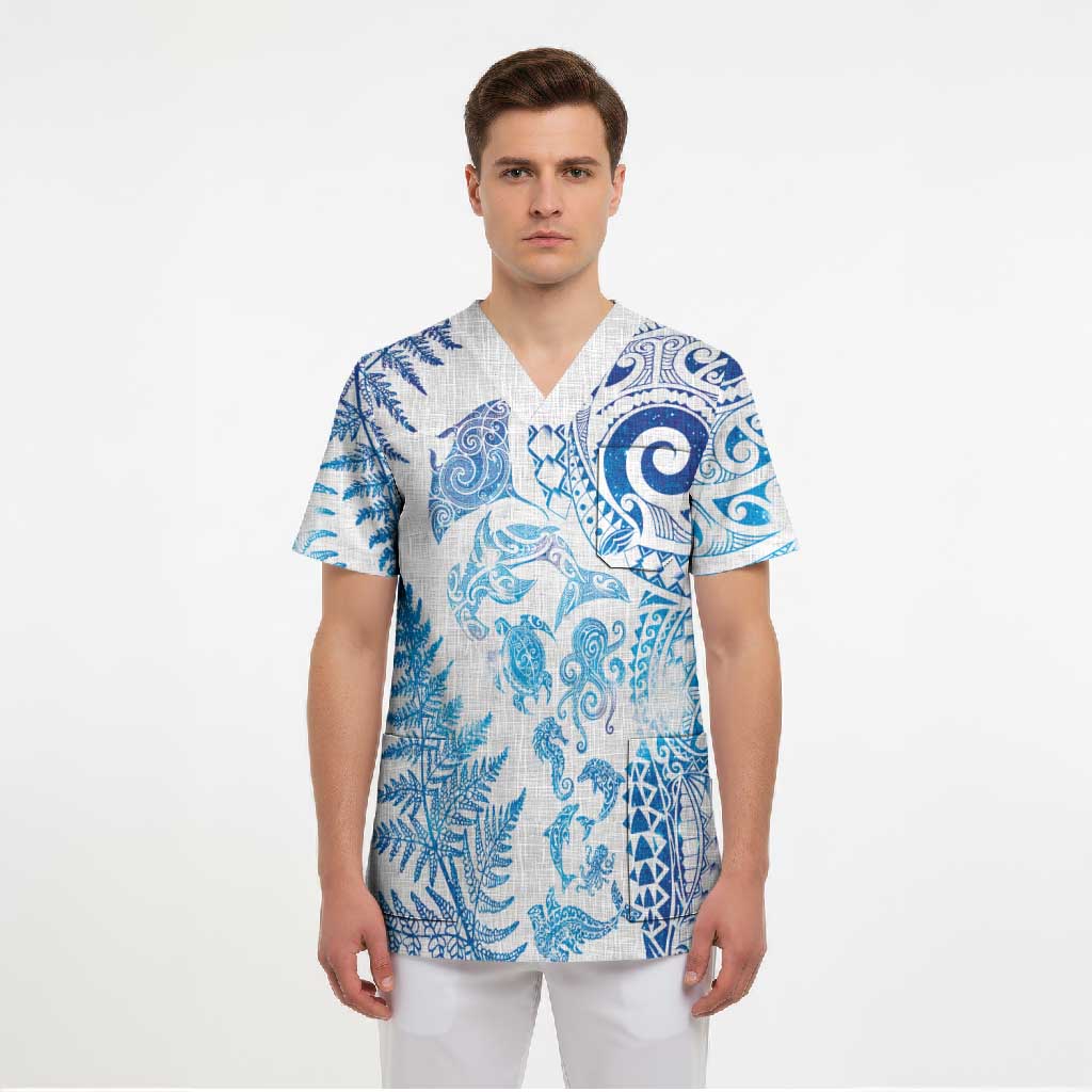 New Zealand Sea Animals Scrub Top with Maori Koru Tribal Tattoo and Silver Ferns Galaxy Style