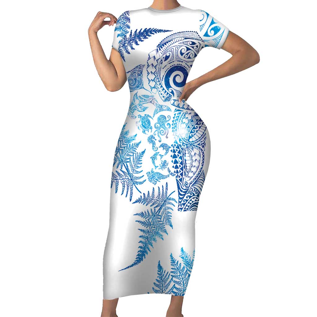 New Zealand Sea Animals Short Sleeve Bodycon Dress with Maori Koru Tribal Tattoo and Silver Ferns Galaxy Style
