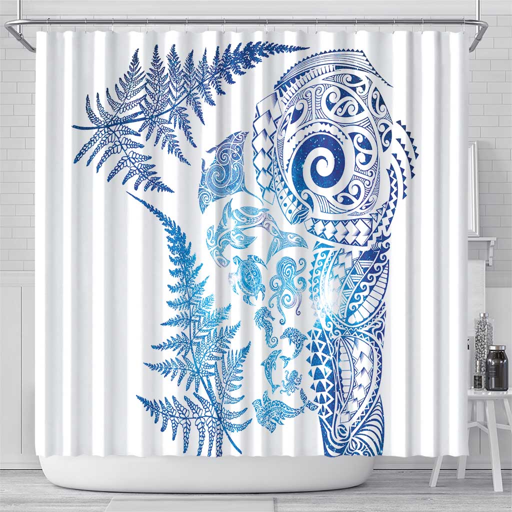 New Zealand Sea Animals Shower Curtain with Maori Koru Tribal Tattoo and Silver Ferns Galaxy Style LT03 - Polynesian Pride
