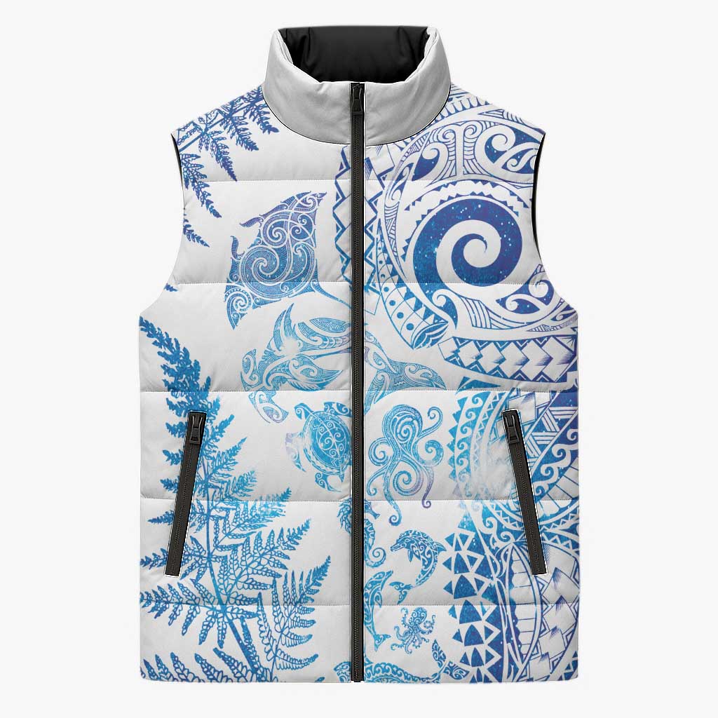 New Zealand Sea Animals Sleeveless Puffer Jacket with Maori Koru Tribal Tattoo and Silver Ferns Galaxy Style LT03 Unisex Multicolor - Polynesian Pride