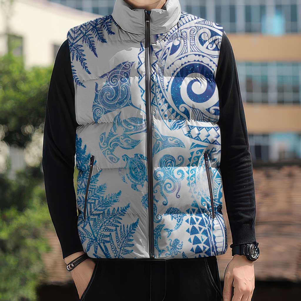 New Zealand Sea Animals Sleeveless Puffer Jacket with Maori Koru Tribal Tattoo and Silver Ferns Galaxy Style LT03 - Polynesian Pride