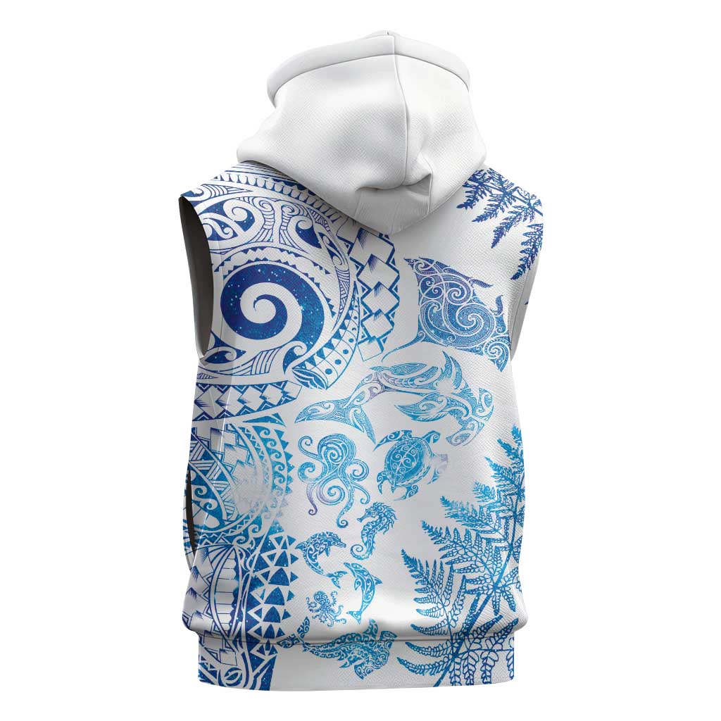 New Zealand Sea Animals Sleeveless Zip Hoodie with Maori Koru Tribal Tattoo and Silver Ferns Galaxy Style LT03 - Polynesian Pride