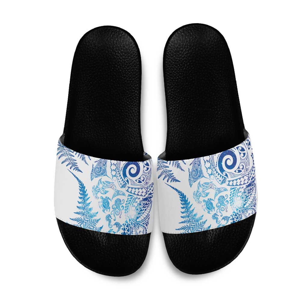 New Zealand Sea Animals Slide Sandals with Maori Koru Tribal Tattoo and Silver Ferns Galaxy Style LT03 Multicolor - Polynesian Pride