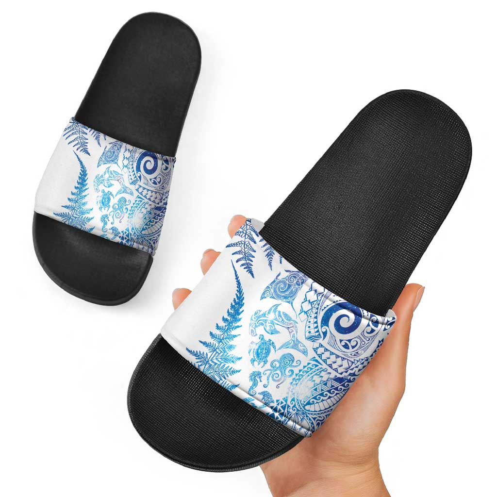 New Zealand Sea Animals Slide Sandals with Maori Koru Tribal Tattoo and Silver Ferns Galaxy Style LT03 - Polynesian Pride