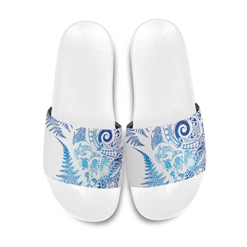 New Zealand Sea Animals Slide Sandals with Maori Koru Tribal Tattoo and Silver Ferns Galaxy Style LT03 Multicolor - Polynesian Pride