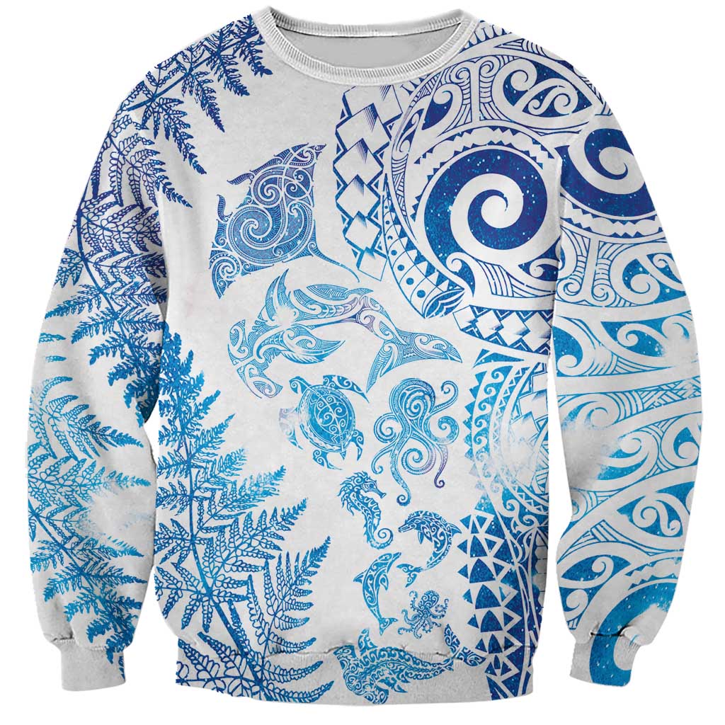 New Zealand Sea Animals Sweatshirt with Maori Koru Tribal Tattoo and Silver Ferns Galaxy Style