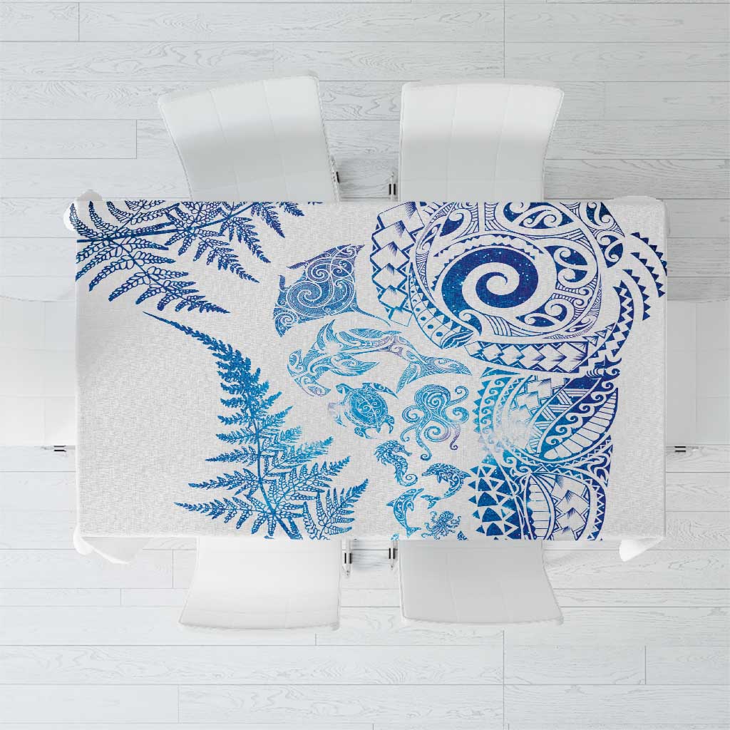 New Zealand Sea Animals Tablecloth with Maori Koru Tribal Tattoo and Silver Ferns Galaxy Style