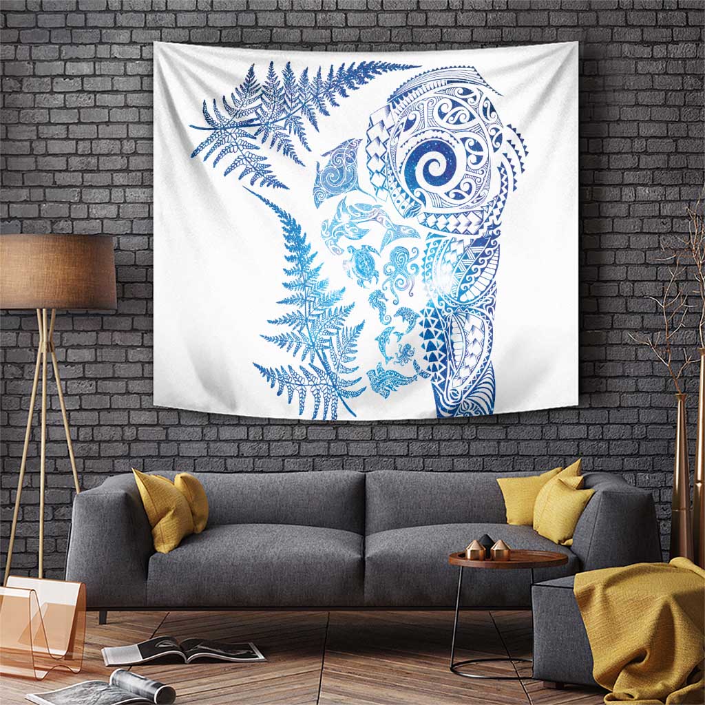 New Zealand Sea Animals Tapestry with Maori Koru Tribal Tattoo and Silver Ferns Galaxy Style