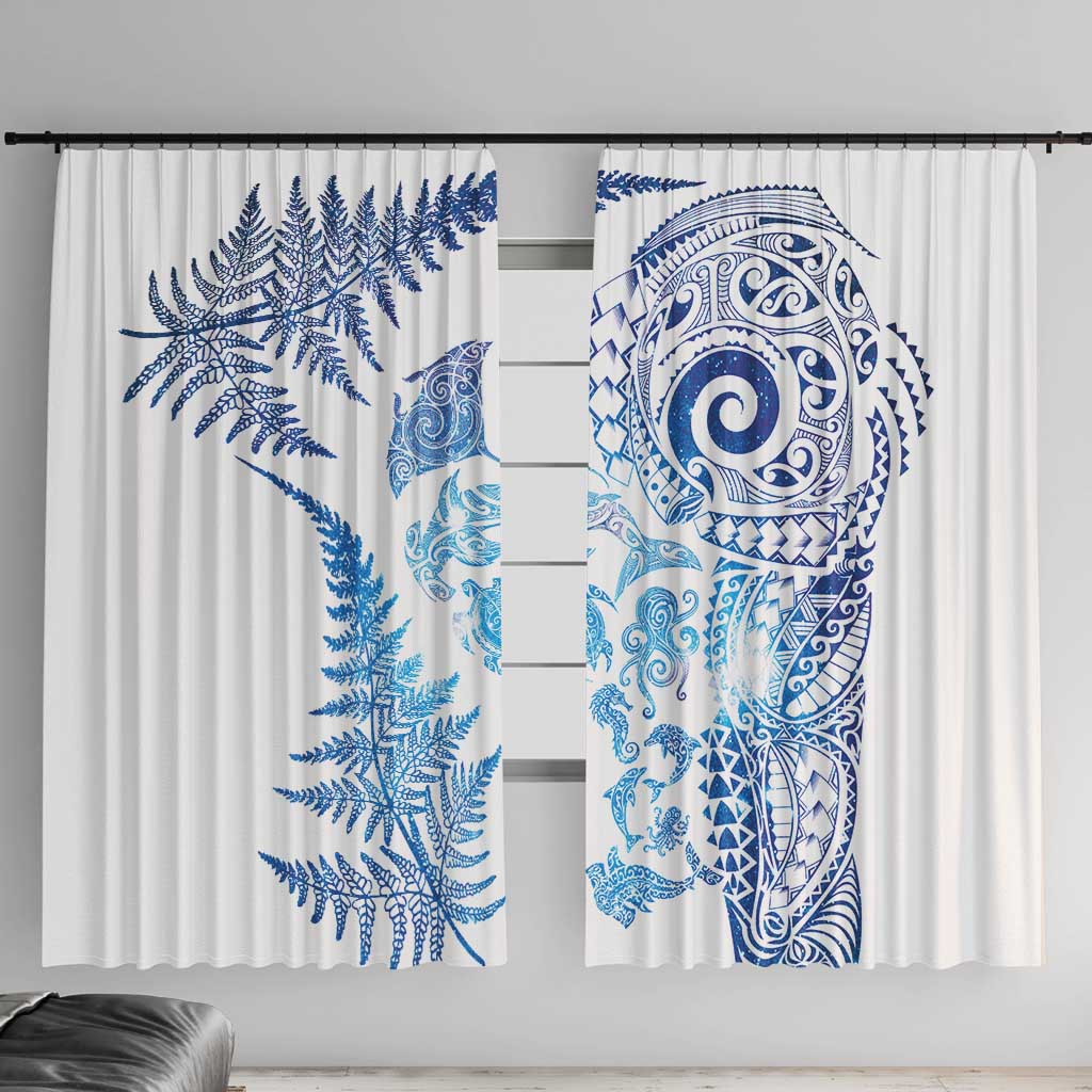 New Zealand Sea Animals Window Curtain with Maori Koru Tribal Tattoo and Silver Ferns Galaxy Style LT03 With Hooks Multicolor - Polynesian Pride