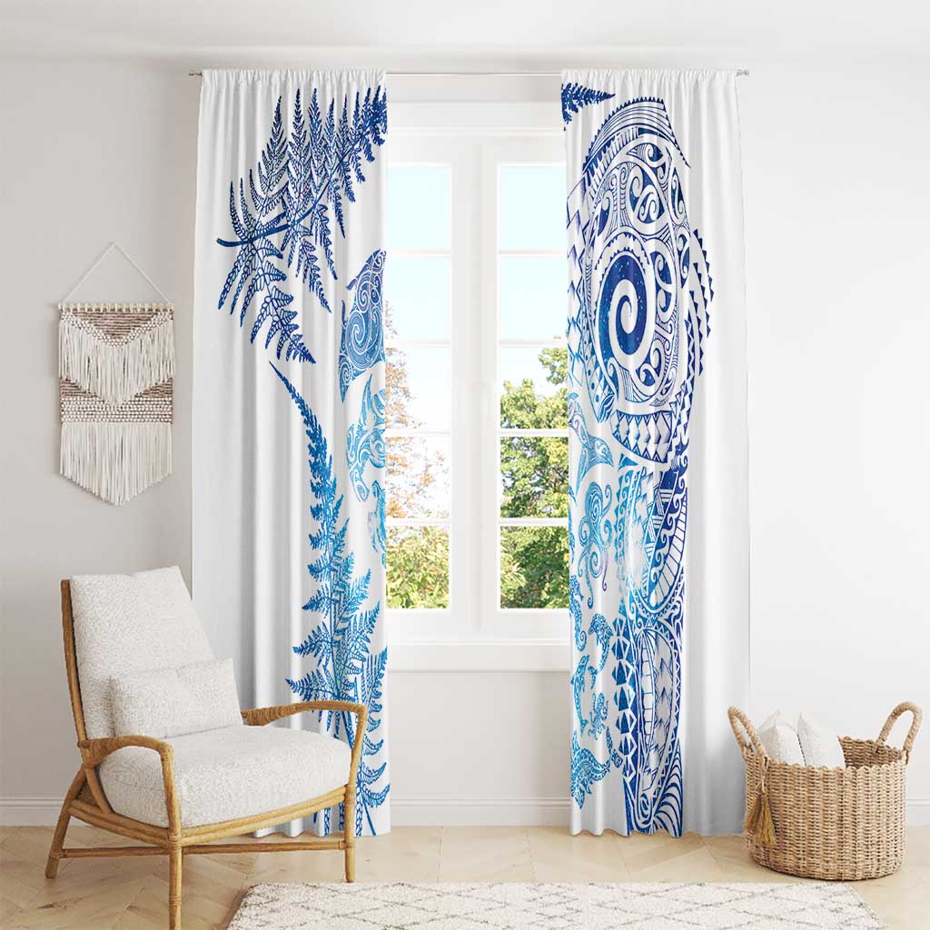 New Zealand Sea Animals Window Curtain with Maori Koru Tribal Tattoo and Silver Ferns Galaxy Style LT03 - Polynesian Pride