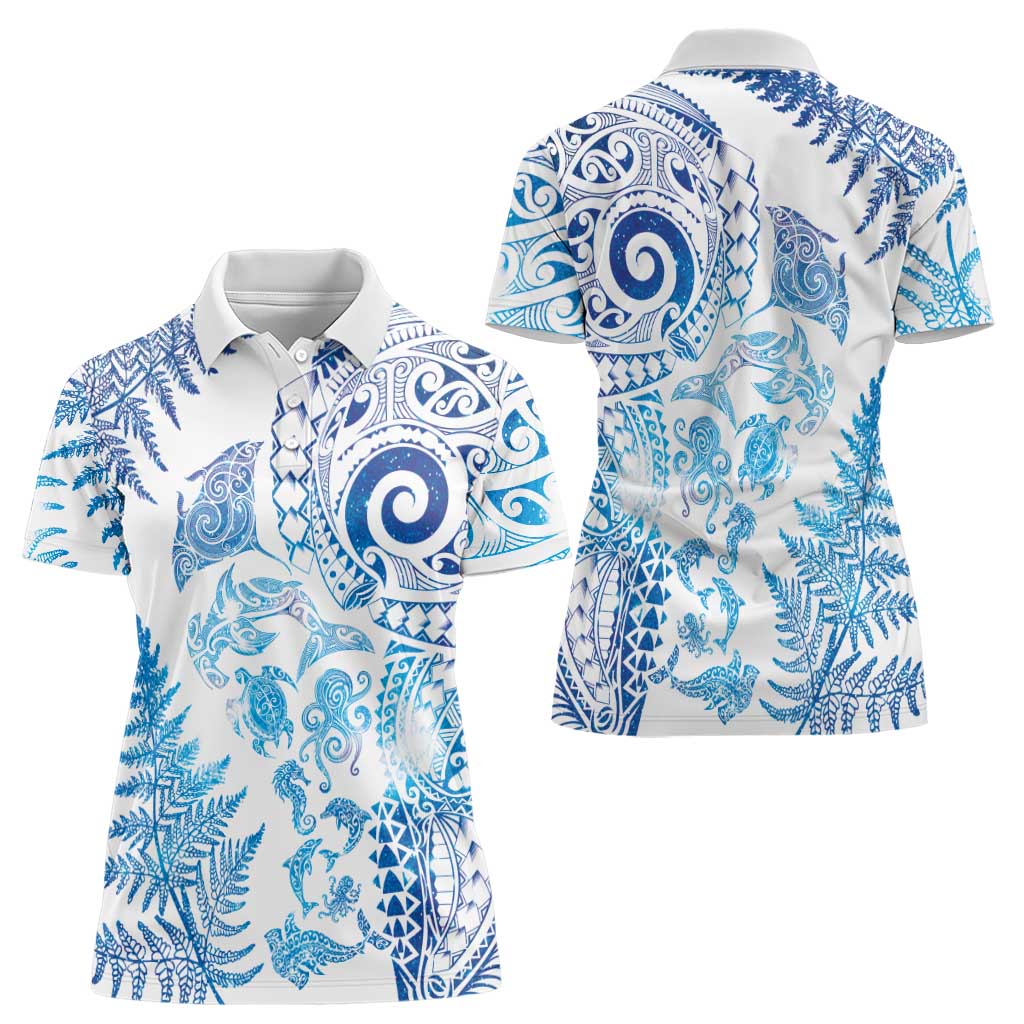New Zealand Sea Animals Women Polo Shirt with Maori Koru Tribal Tattoo and Silver Ferns Galaxy Style LT03 - Polynesian Pride
