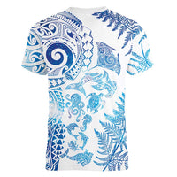 New Zealand Sea Animals Women V-Neck T-Shirt with Maori Koru Tribal Tattoo and Silver Ferns Galaxy Style LT03 - Polynesian Pride