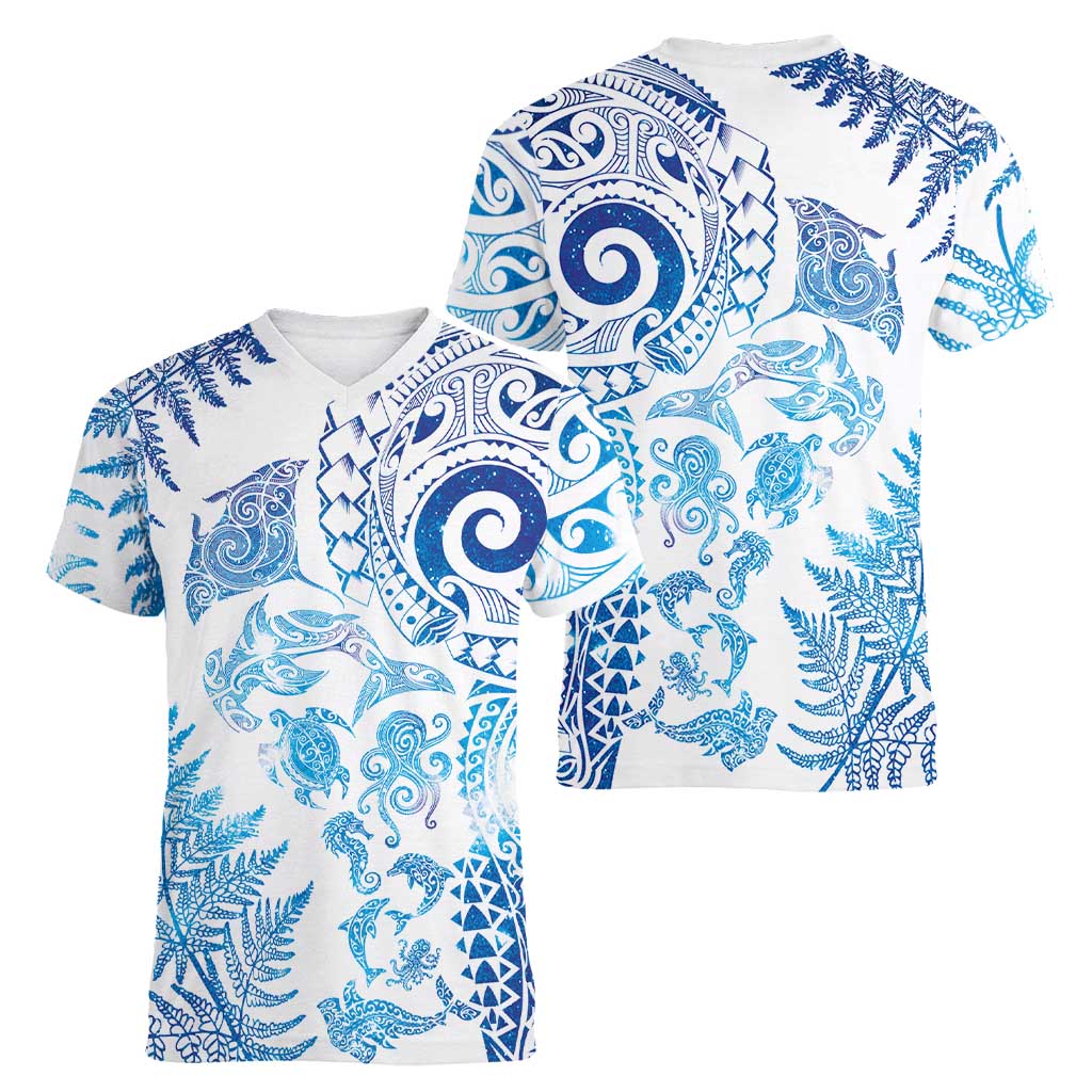 New Zealand Sea Animals Women V-Neck T-Shirt with Maori Koru Tribal Tattoo and Silver Ferns Galaxy Style LT03 - Polynesian Pride