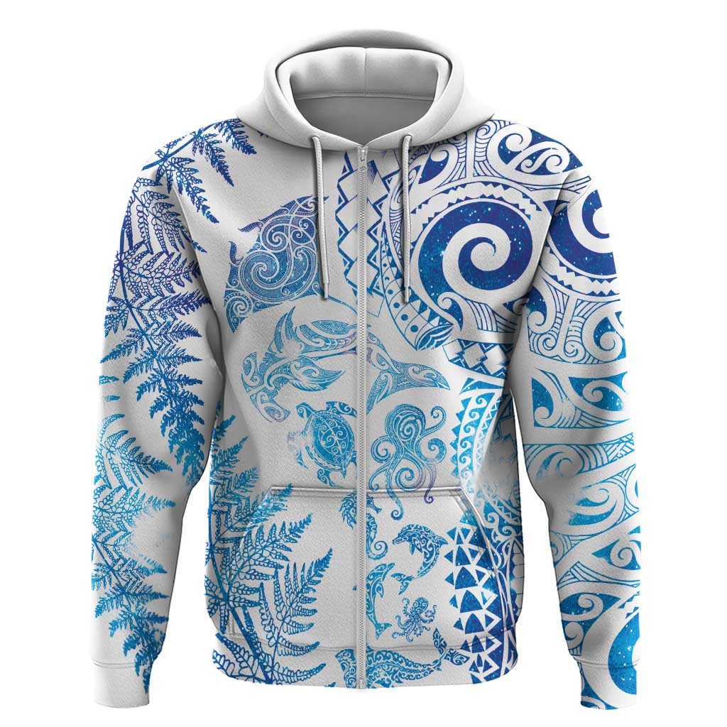 New Zealand Sea Animals Zip Hoodie with Maori Koru Tribal Tattoo and Silver Ferns Galaxy Style LT03 Zip Hoodie Multicolor - Polynesian Pride