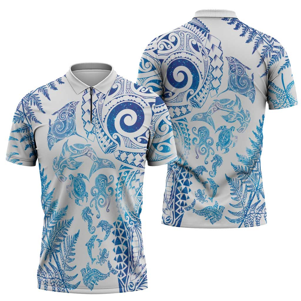 New Zealand Sea Animals Zipper Polo Shirt with Maori Koru Tribal Tattoo and Silver Ferns Galaxy Style LT03 - Polynesian Pride