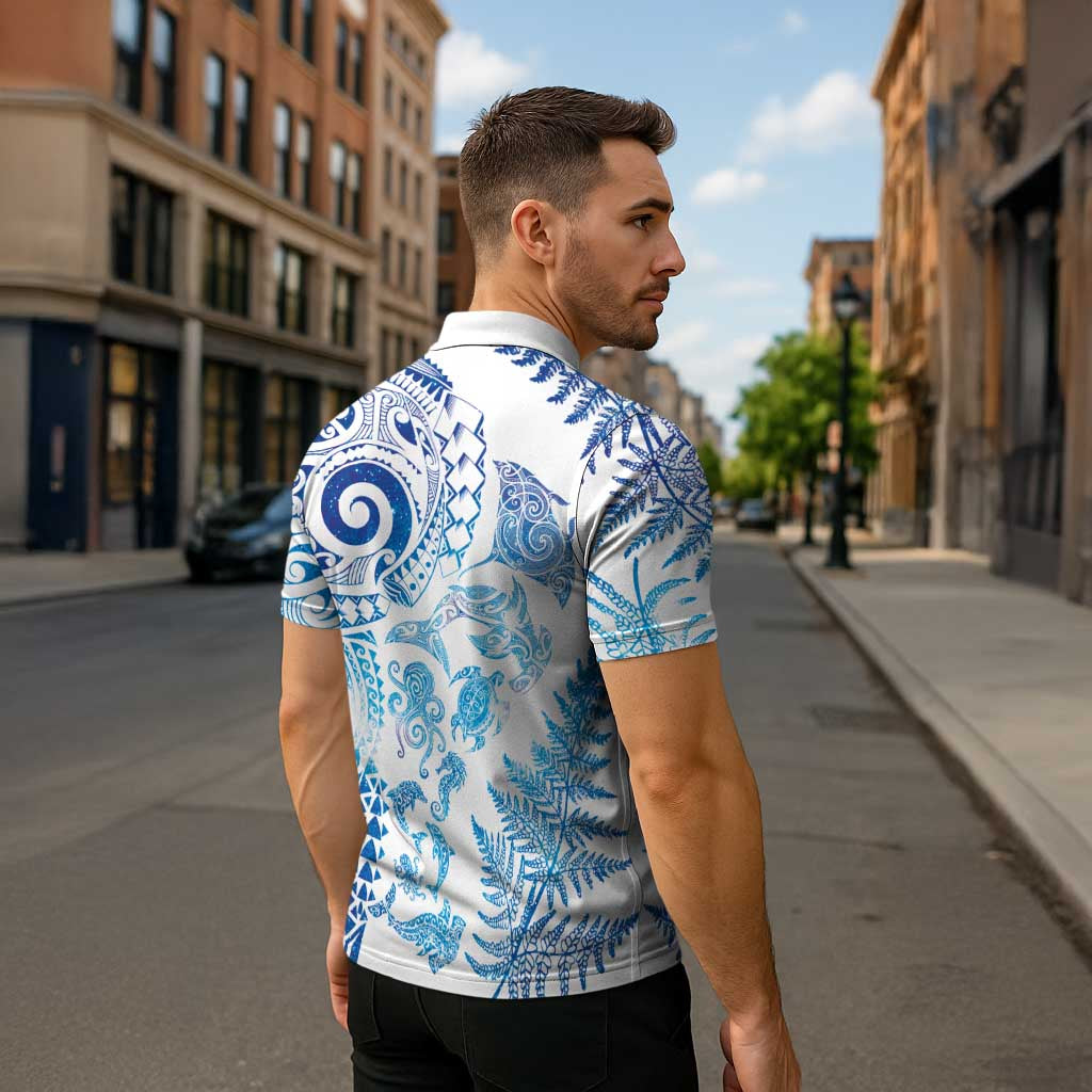New Zealand Sea Animals Zipper Polo Shirt with Maori Koru Tribal Tattoo and Silver Ferns Galaxy Style LT03 - Polynesian Pride