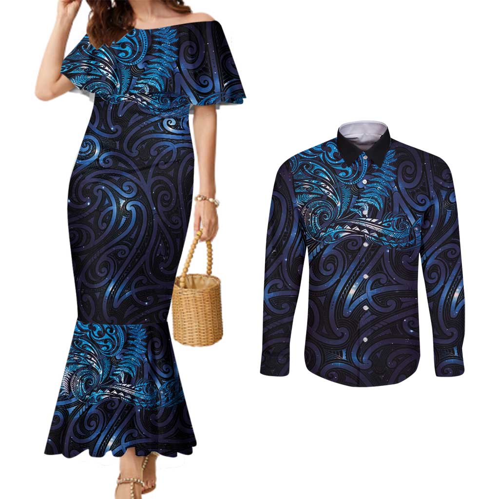 New Zealand New Year-Matariki Couples Matching Mermaid Dress and Long Sleeve Button Shirt Aotearoa Maori Tattoo Galaxy Sky LT03 Multicolor - Polynesian Pride