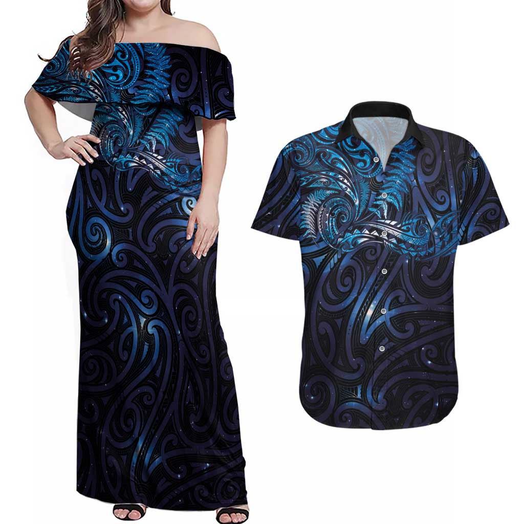 New Zealand New Year-Matariki Couples Matching Off Shoulder Maxi Dress and Hawaiian Shirt Aotearoa Maori Tattoo Galaxy Sky LT03 Multicolor - Polynesian Pride