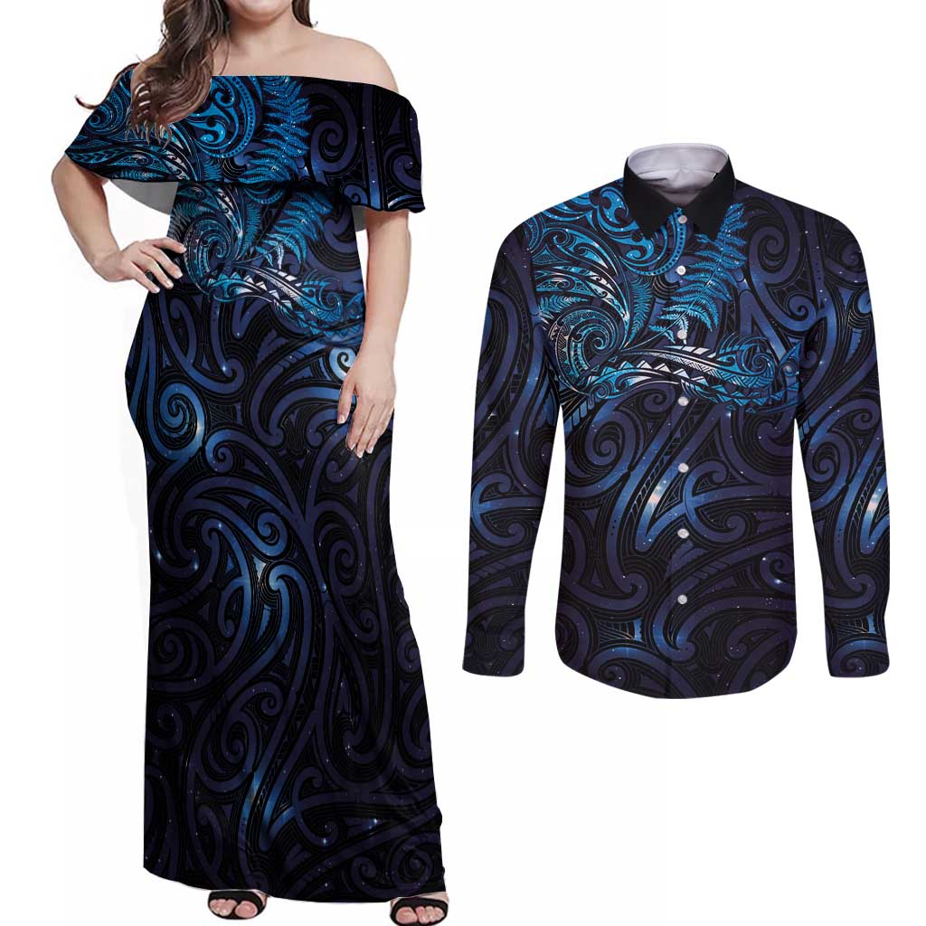 New Zealand New Year-Matariki Couples Matching Off Shoulder Maxi Dress and Long Sleeve Button Shirt Aotearoa Maori Tattoo Galaxy Sky