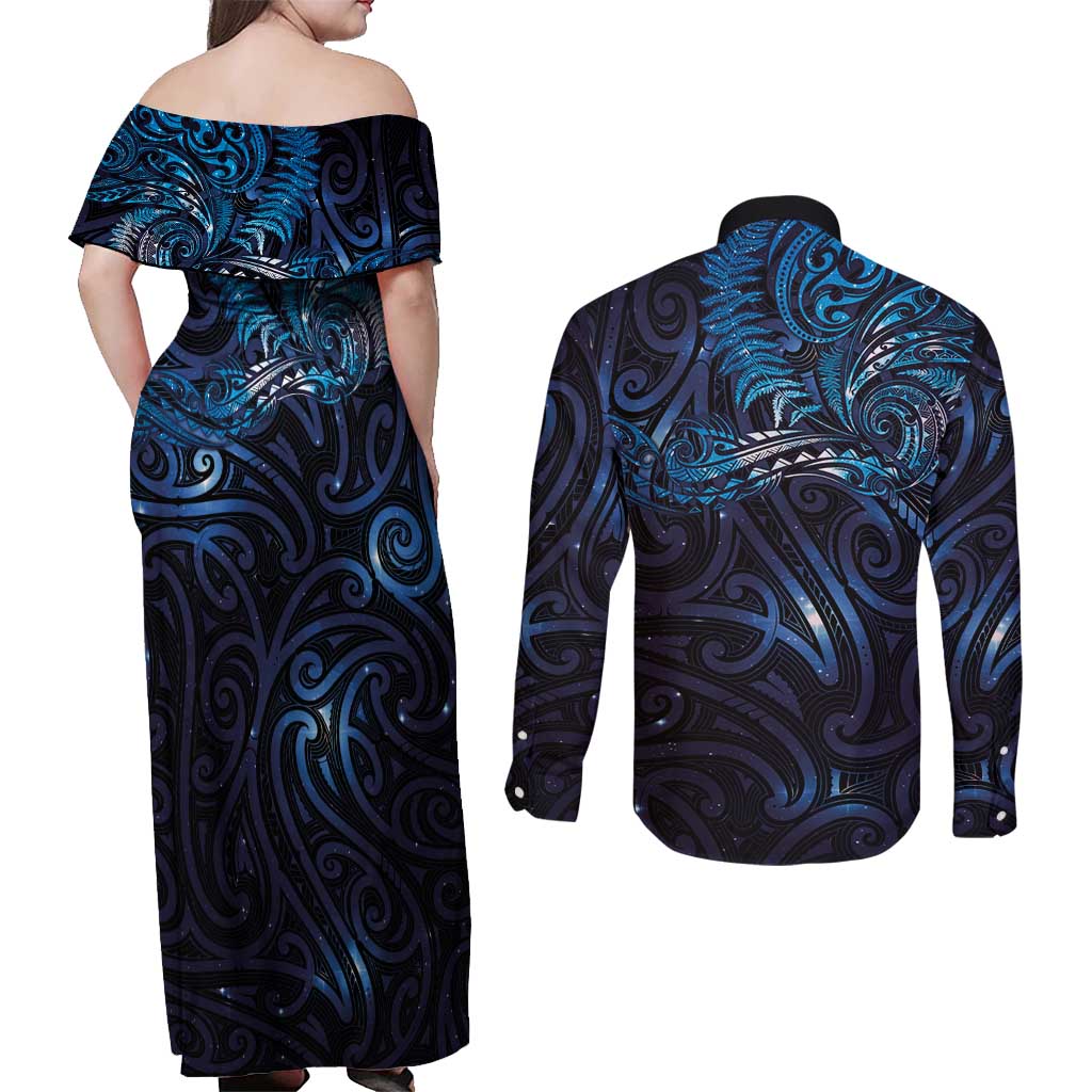 New Zealand New Year-Matariki Couples Matching Off Shoulder Maxi Dress and Long Sleeve Button Shirt Aotearoa Maori Tattoo Galaxy Sky LT03 - Polynesian Pride
