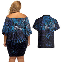 New Zealand New Year-Matariki Couples Matching Off Shoulder Short Dress and Hawaiian Shirt Aotearoa Maori Tattoo Galaxy Sky LT03 - Polynesian Pride